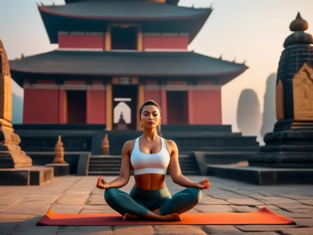 Yoga al amanecer: fusión cultural y bienestar en viajes Práctica de yoga al amanecer frente a un templo antiguo, reflejando la fusión de cultura y bienestar en consejos saludables viajes culturales